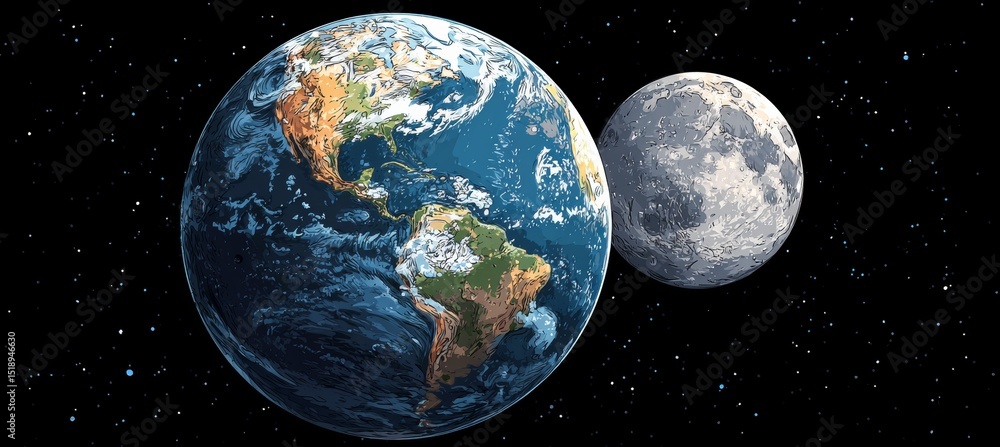 Poster earth and moon from space view. space astronomy science education. generative ai technology.
