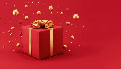 A red gift box with a gold ribbon and bow sits on a red background, surrounded by floating gold and red ornaments