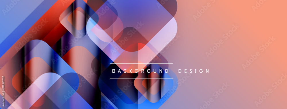 Poster Abstract geometric shapes overlap, creating vibrant gradients. Blue, purple, red hues blend into peach tones. Modern design element.