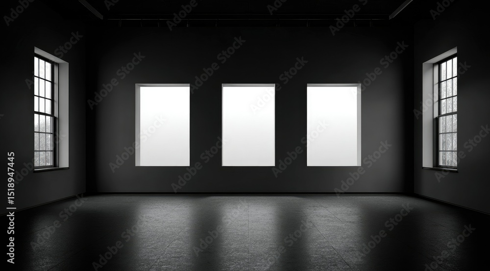 Poster a minimalist grayscale rendering of a dark room with three evenly spaced windows and a reflective fl