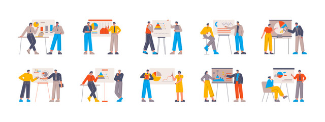 Meeting and presentation illustration set. Flat vector illustration concept.