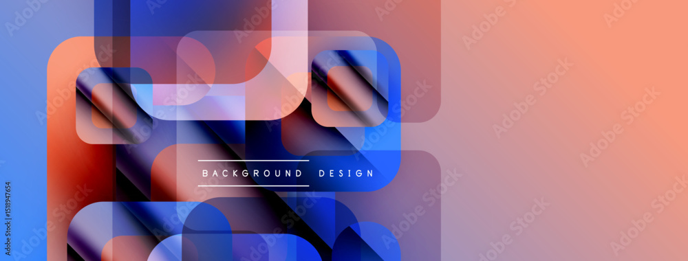 Poster abstract geometric shapes overlap, creating vibrant color gradients. design features blue, purple, p