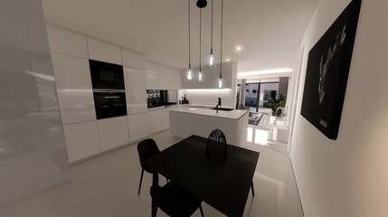 Modern kitchen and dining area in a bright, open-plan apartment.