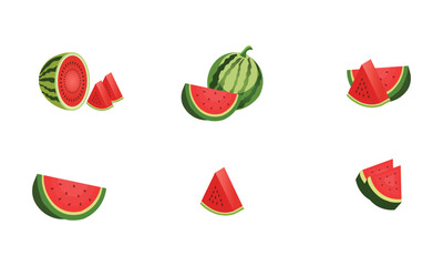 Illustration of watermelon freshness nature, Set of watermelons. Collection of ripe fruit pieces and slices, whole tasty watermelon