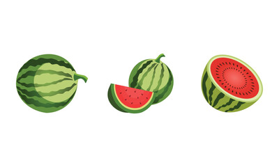 Set of watermelons. Collection of ripe fruit pieces and slices, whole tasty watermelon. Fresh, green, natural, and organic products. vector illustrations isolated on white background