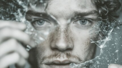 Obraz premium Dramatic Close up Man s Eyes Through Broken Glass Cinematic Lighting High Contrast Int