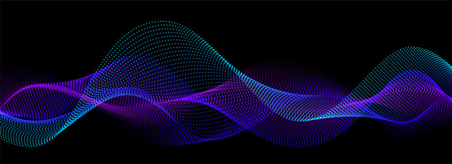 Neon sound wave on black background. Abstract flowing wavy dot lines design for ai concept, eq equalizer, audio record, voice assistant. Vector blue green purple gradient dashed curve stripe wallpaper