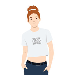 Confident Woman in Crop TShirt Mockup. Flat vector illustration isolated on white background