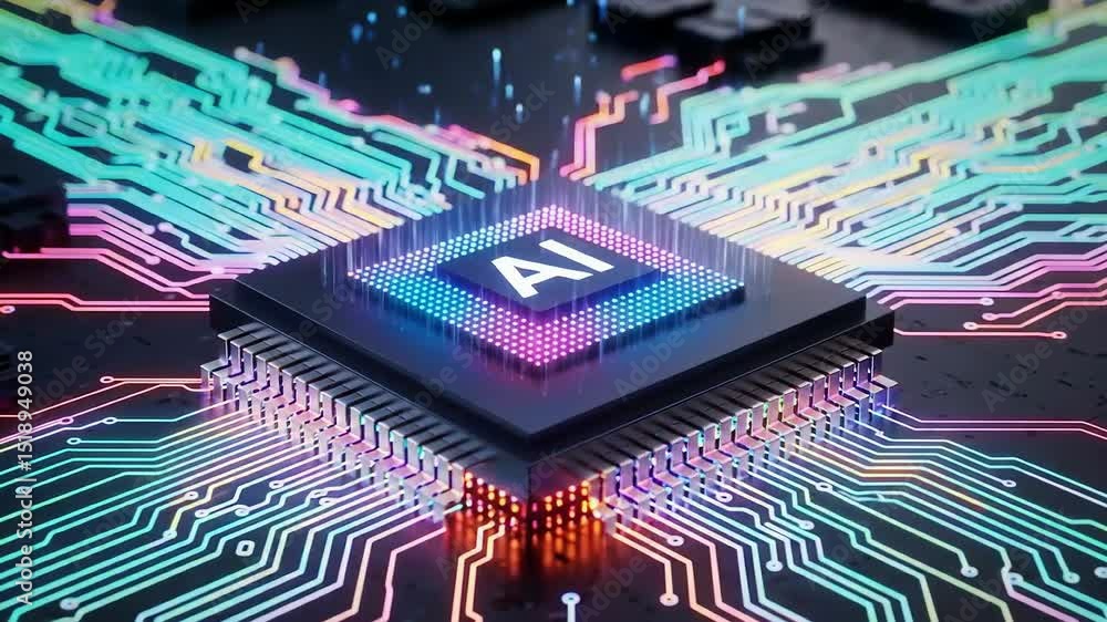 Aufkleber processing on computer chip with glowing circuitry technology