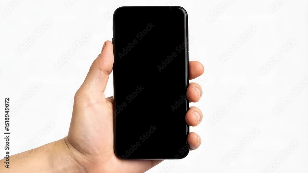 Poster hand holding modern frameless smartphone with blank black screen on isolated white background for ap