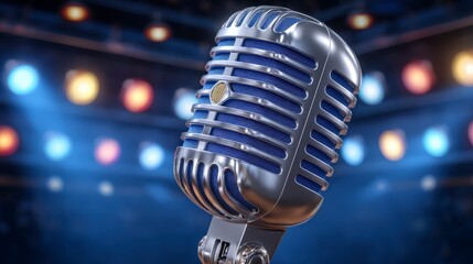 Retro Silver Microphone on Stage  Dramatic Lighting  Music Concert