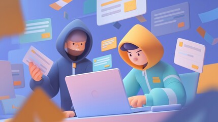 Two Characters Engaged in Digital Communication and Online Activity