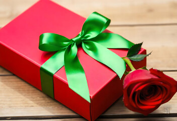 Red gift box with green ribbon and a red rose on a wooden background