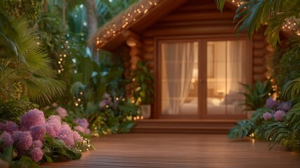 Tropical Cabin Sunset  Illuminated Deck  Lush Garden  Romantic Escape