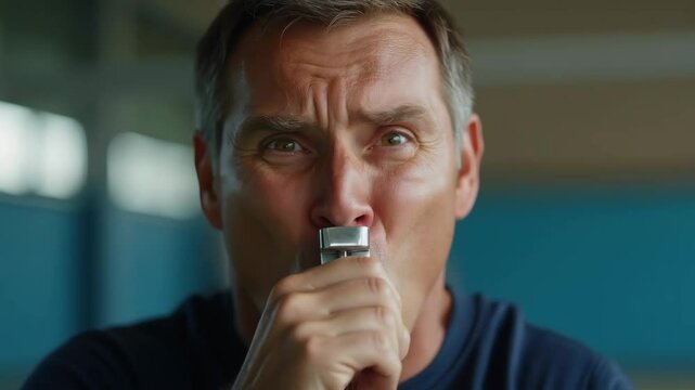 Focused male sports coach blowing metal whistle close-up in gymnasium

