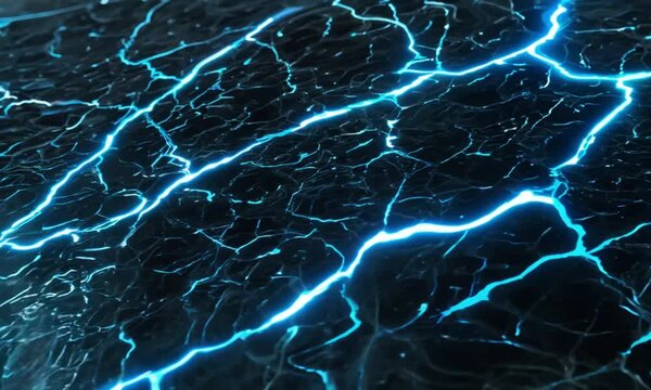 Macro shot of pitch-black marble cracked with neon blue lightning-shaped veins, glossy and sharp reflective surface