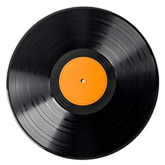 Fototapeta premium A black vinyl record with an orange center label, set against a black background.