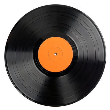 A top-down digital illustration of a black vinyl record with a blank orange label in the center. The record has visible grooves and is set against a plain, light grey background.
