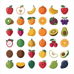 A colorful array of fresh fruits flat icons isolated on a white background