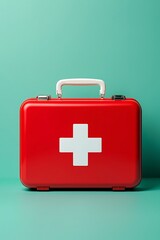 Fototapeta premium Red first aid kit with white cross on teal background