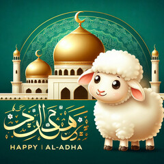 Happy Eid al-Adha with a Cute Sheep and Mosque
