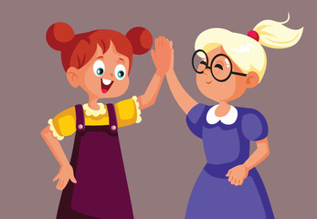 Girls Making High Five Gesture of Friendship Vector Cartoon Illustration. The friends have a very good camaraderie and play together