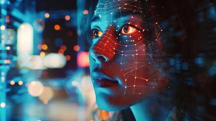 A women using Face detection and recognition technology for access permission, artificial intelligence and augmented reality with technology concept