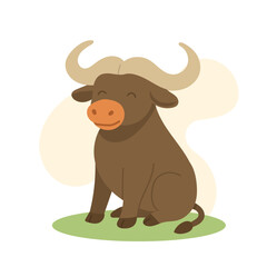 Cartoon African buffalo sitting with big horns and warm smile, simplified style in earthy tones buffalo adds charm for children's books or animal-themed content.