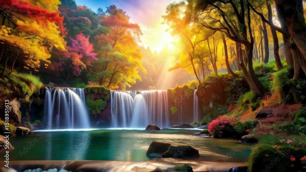 Poster scenic waterfall cascading into a pool surrounded by vibrant fall foliage and sunlit trees in a tran
