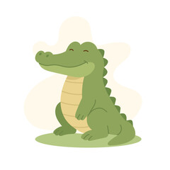 Cartoon crocodile sitting with cheerful smile, crocodile light green body and soft beige belly, playful style makes it perfect for educational content or jungle-themed children s books.
