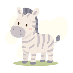 Cartoon zebra standing on grass with cute face and soft gray stripes, pastel colors and friendly look make it ideal for children s illustrations and safari-themed content.