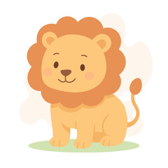 Cartoon lion with orange mane sitting on grass, lion gentle expression and soft color palette make it perfect for kids' books, animal games or jungle-themed designs.