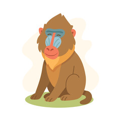 Cartoon mandrill with colorful face sitting on grass, mandrill bright stripes and friendly posture make it ideal for educational projects and jungle-themed materials.