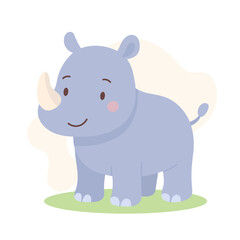 Cartoon rhino standing with small smile and soft gray color, rhino friendly design and rounded shapes make it ideal for children s books and safari-themed visuals.