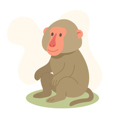 Cartoon baboon sitting with kind smile and pink face, baboon simple body shape and friendly posture make it great for jungle storybooks and wildlife teaching aids.