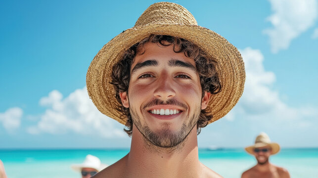 young man smiling at the beach, wearing a straw hat under a clear blue sky with turquoise water and people in the background.