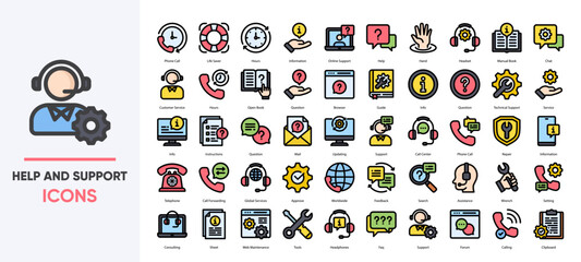 Fototapeta premium Help and Support - Lineal color icons collection set.