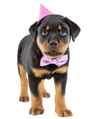 Obraz premium Cheerful Rottweiler puppy wearing pink party hat and bow tie, exuding playful and festive spirit. This adorable pup is perfect for celebrations and brings joy to any occasion