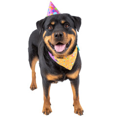 Fototapeta premium Cheerful Rottweiler wearing colorful birthday hat and festive bandana, exuding joy and excitement. This playful dog is ready to celebrate special occasion with big smile