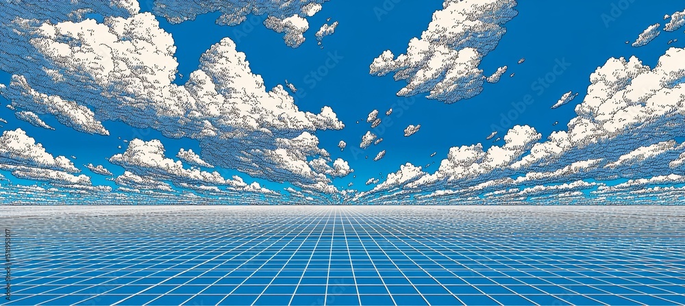 Poster sky cloudscape perspective space with grid. copy space background. 80s retro vintage backdrop. gener