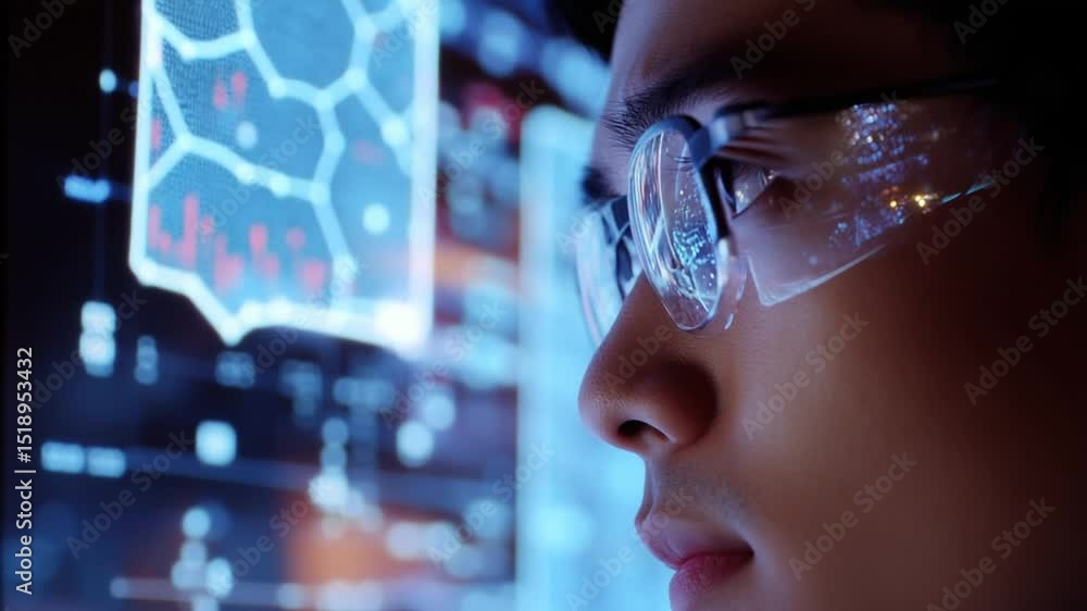 Poster close-up of asian programmer analyzing data on holographic screen for future tech innovation