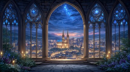 Gothic Window View  Night Cityscape  Cathedral  Stars  Candles