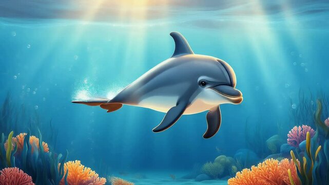 Cartoon style animation of a dolphin swimming slowly in clear blue sea water
