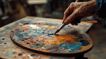 Obraz premium Artist's Hand Mixing Paints on a Palette