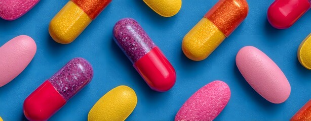 Vibrant Colorful Pills and Capsules on Bright Blue Background for Health and Wellness Themes