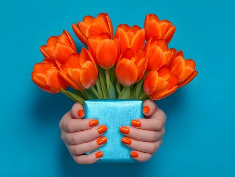 Female Hands Holding Bright Orange Tulips in a Glossy Blue Gift Box Against a Vibrant Blue Background