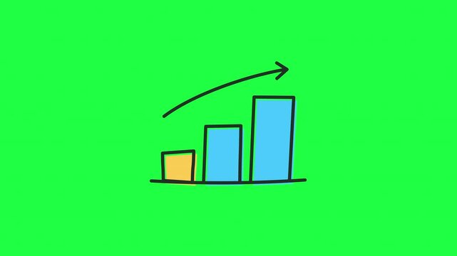 Animated doodle of a bar chart graph showing upward  and downward growth with an arrow, on green screen background. Perfect for YouTube videos about business, finance, analytics