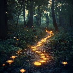  Where glowing mushrooms lead through twilight woods.