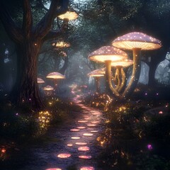  Where glowing mushrooms lead through twilight woods.