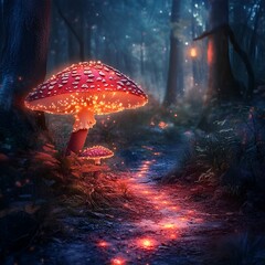  Where glowing mushrooms lead through twilight woods.